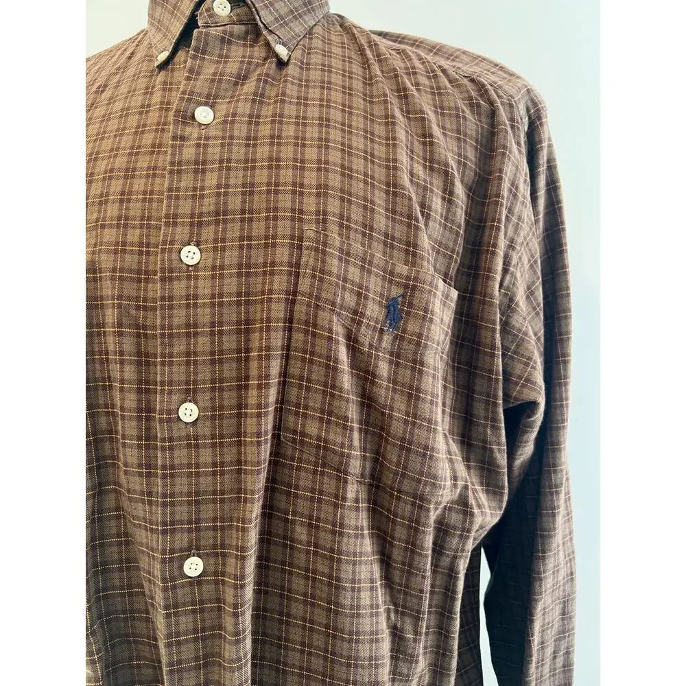 Polo Ralph Lauren Men's Button Down Casual Dress Shirt Brown Plaid Size Large SG
